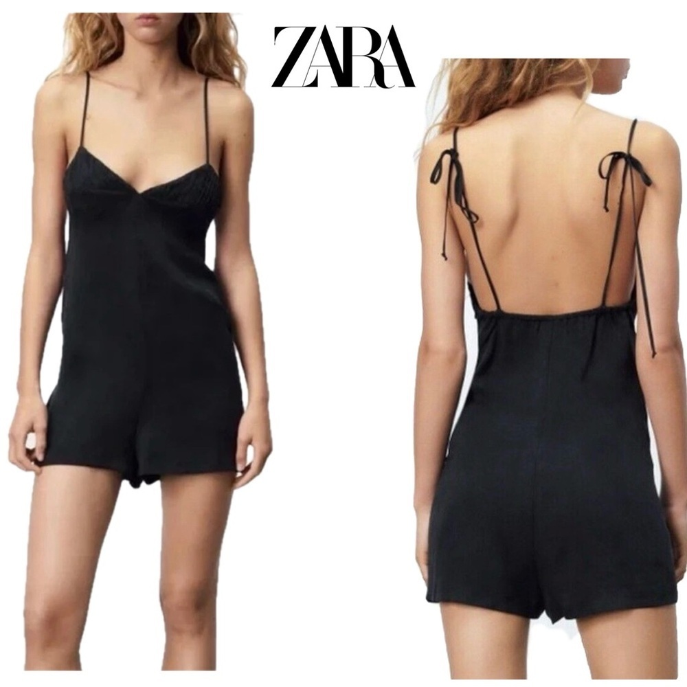 Zara black romper sweetheart V-neck spaghetti strap Sz L Spring Summer NWOT